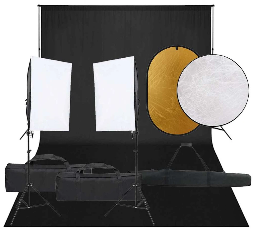 Fotostudijos rinkinys su šviestuvais, fonu ir reflektoriumi