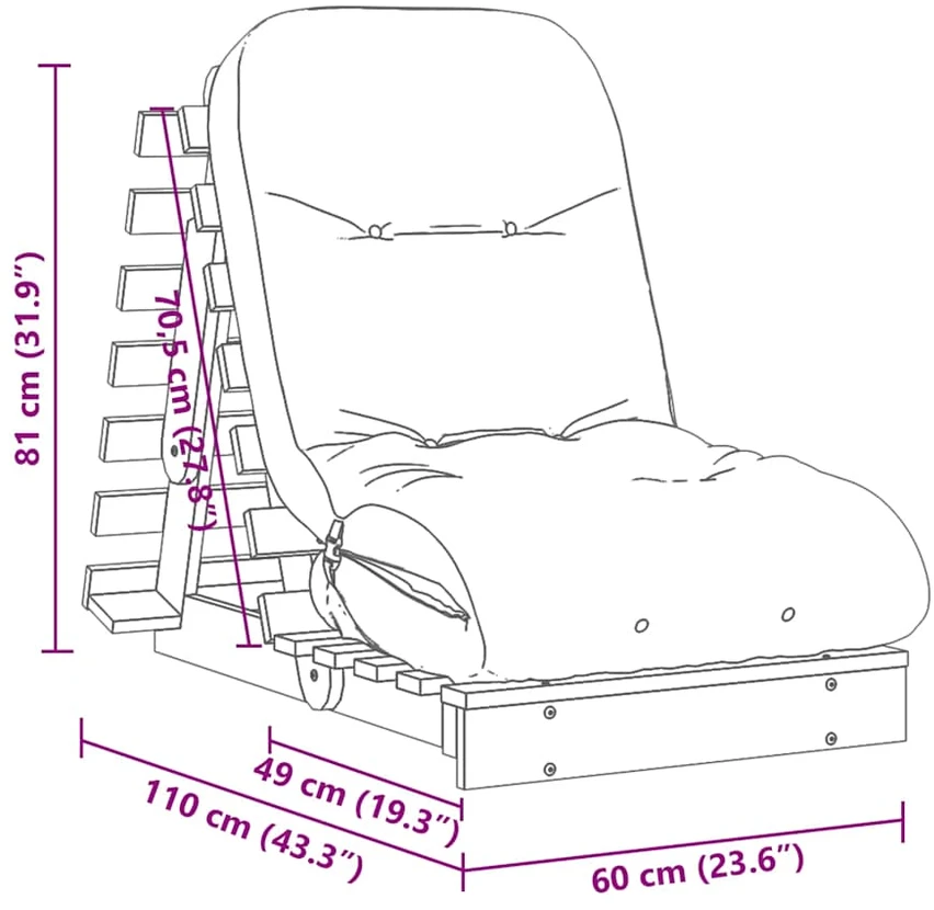 Futono sofa-lova su čiužiniu, 60x206x11cm, impregnuota pušis