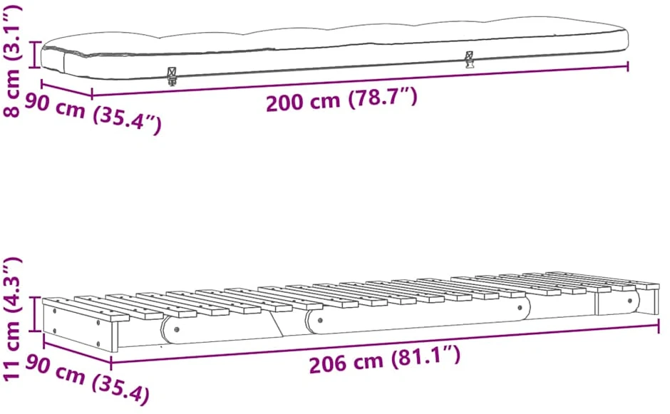 Futono sofa-lova su čiužiniu, 90x206x11cm, impregnuota pušis
