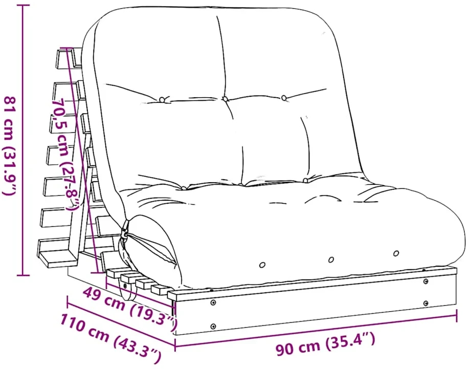 Futono sofa-lova su čiužiniu, balta, 90x206x11cm, pušis