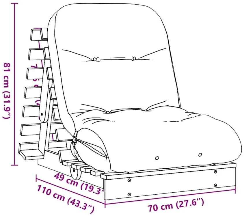 Futono sofa-lova su čiužiniu, vaško ruda, 70x206x11cm, pušis