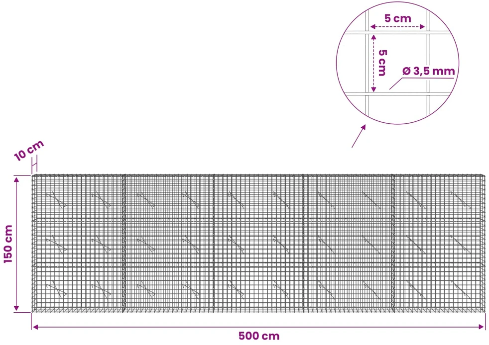 Gabionas su 3,5 mm laidu ir 5x5 cm tinkleliu 500x10x150 cm