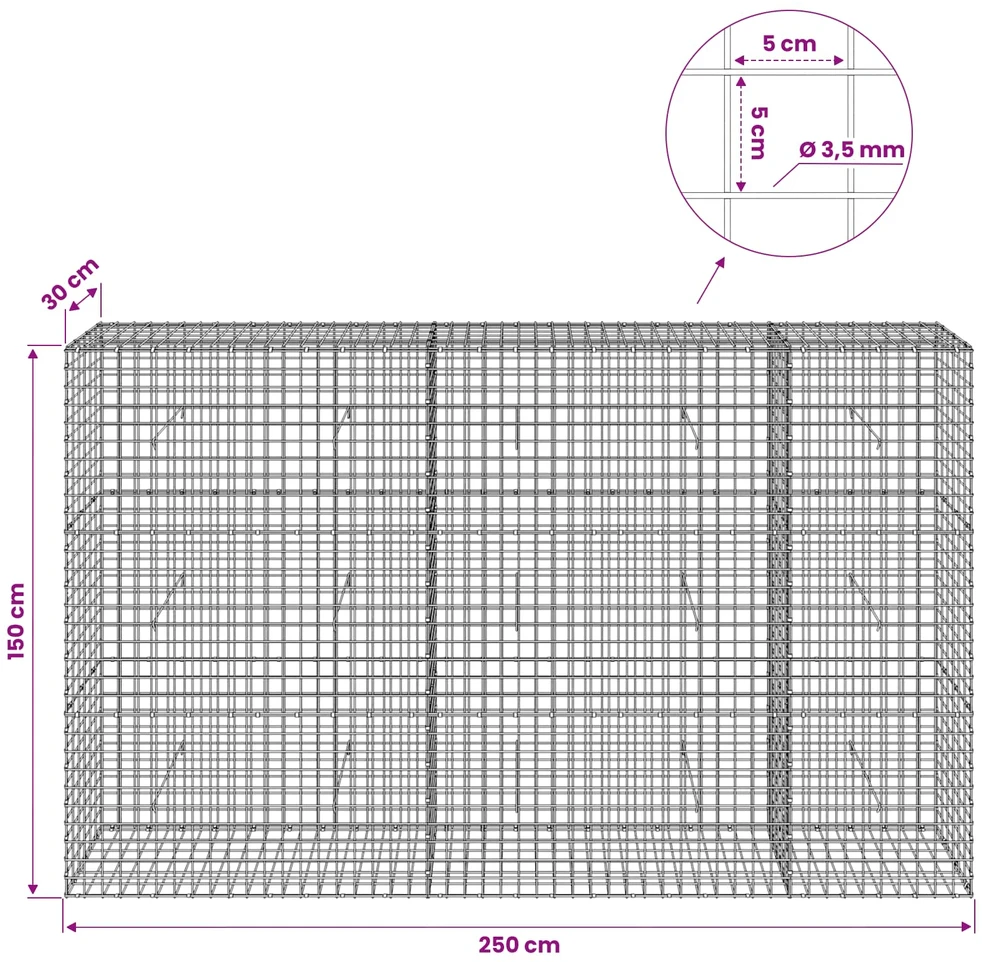 Gabionas su 3,5 mm laidu ir 5x5 cm tinkleliu 250x30x150 cm
