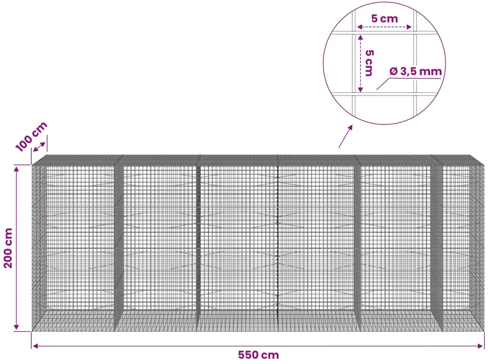 Gabionas su 3,5 mm laidu ir 5x5 cm tinkleliu 550x100x200 cm