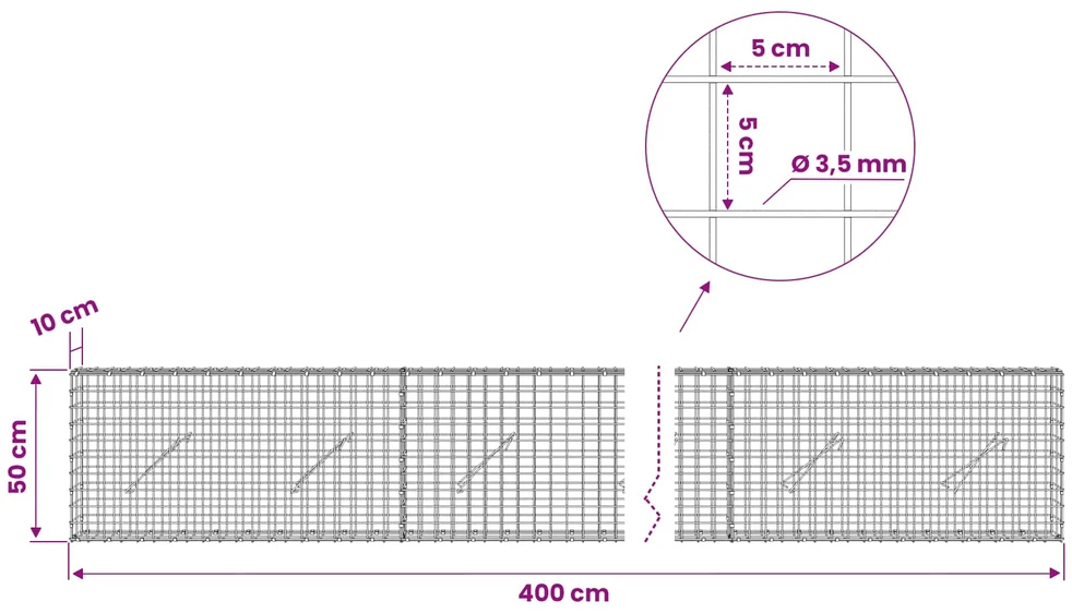Gabionas su 3,5 mm laidu ir 5x5 cm tinkleliu 400x10x50 cm