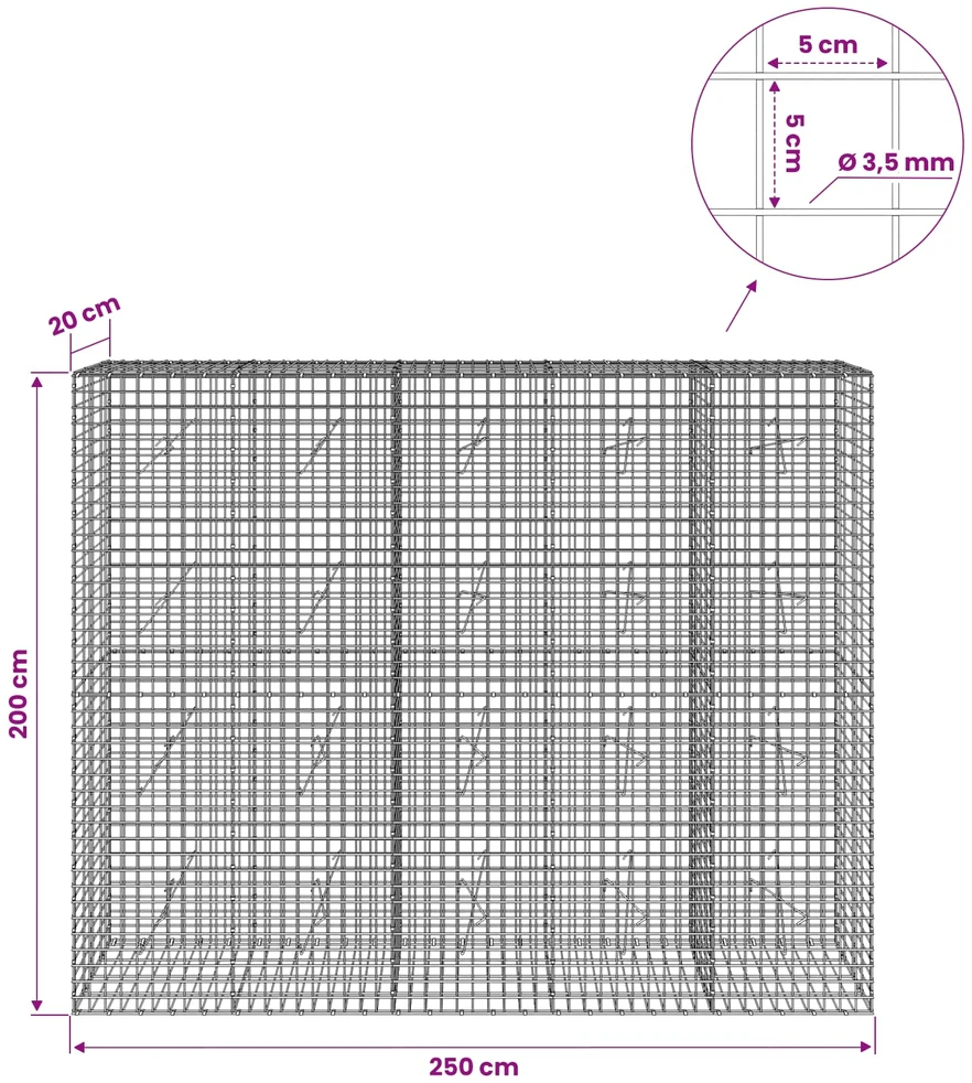 Gabionas su 3,5 mm laidu ir 5x5 cm tinkleliu 250x20x200 cm