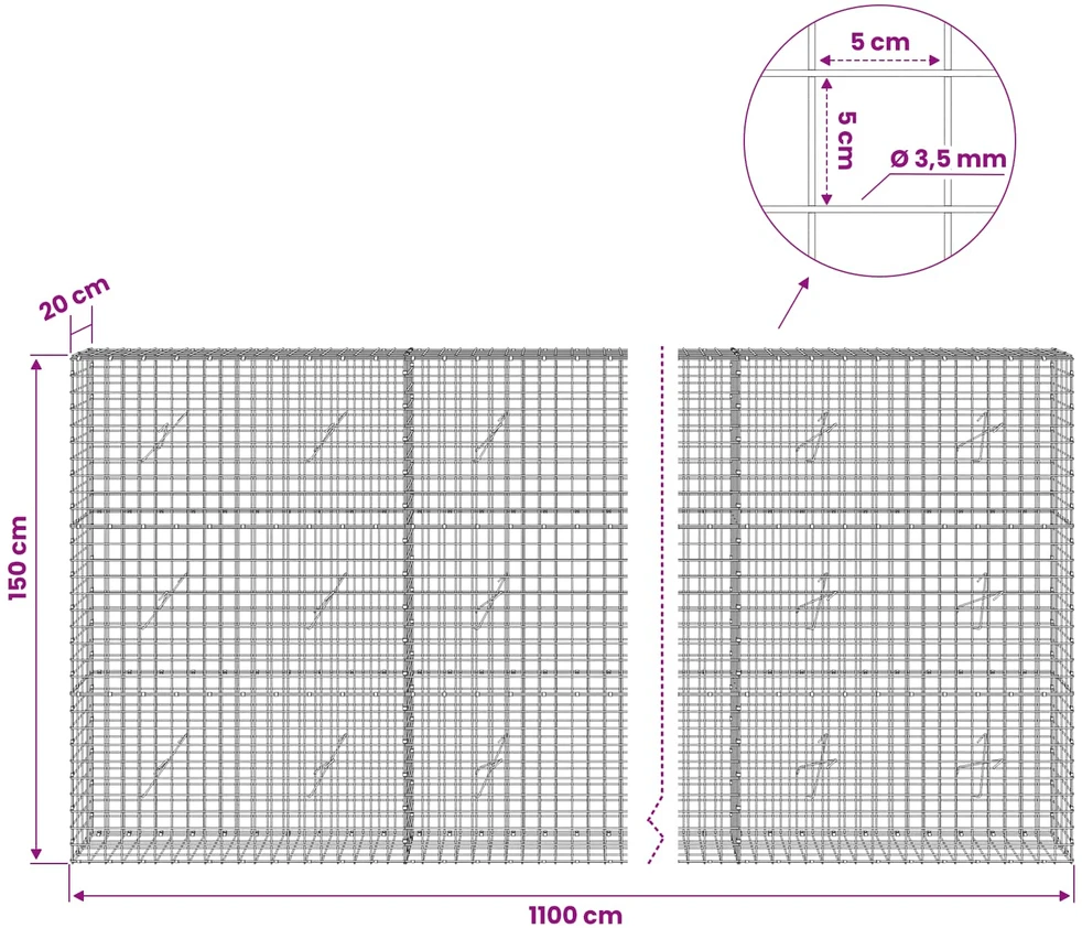 Gabionas su 3,5 mm laidu ir 5x5 cm tinkleliu 1100x20x150 cm