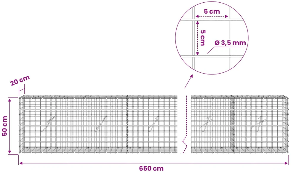 Gabionas su 3,5 mm laidu ir 5x5 cm tinkleliu 650x20x50 cm