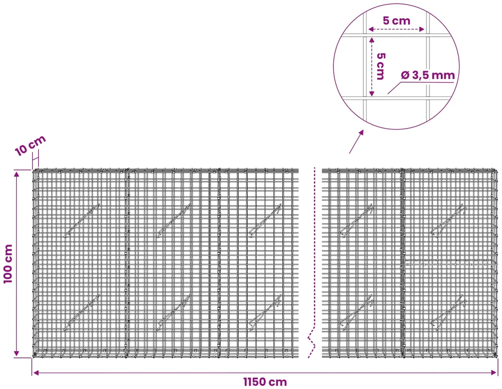 Gabionas su 3,5 mm laidu ir 5x5 cm tinkleliu 1150x10x100 cm