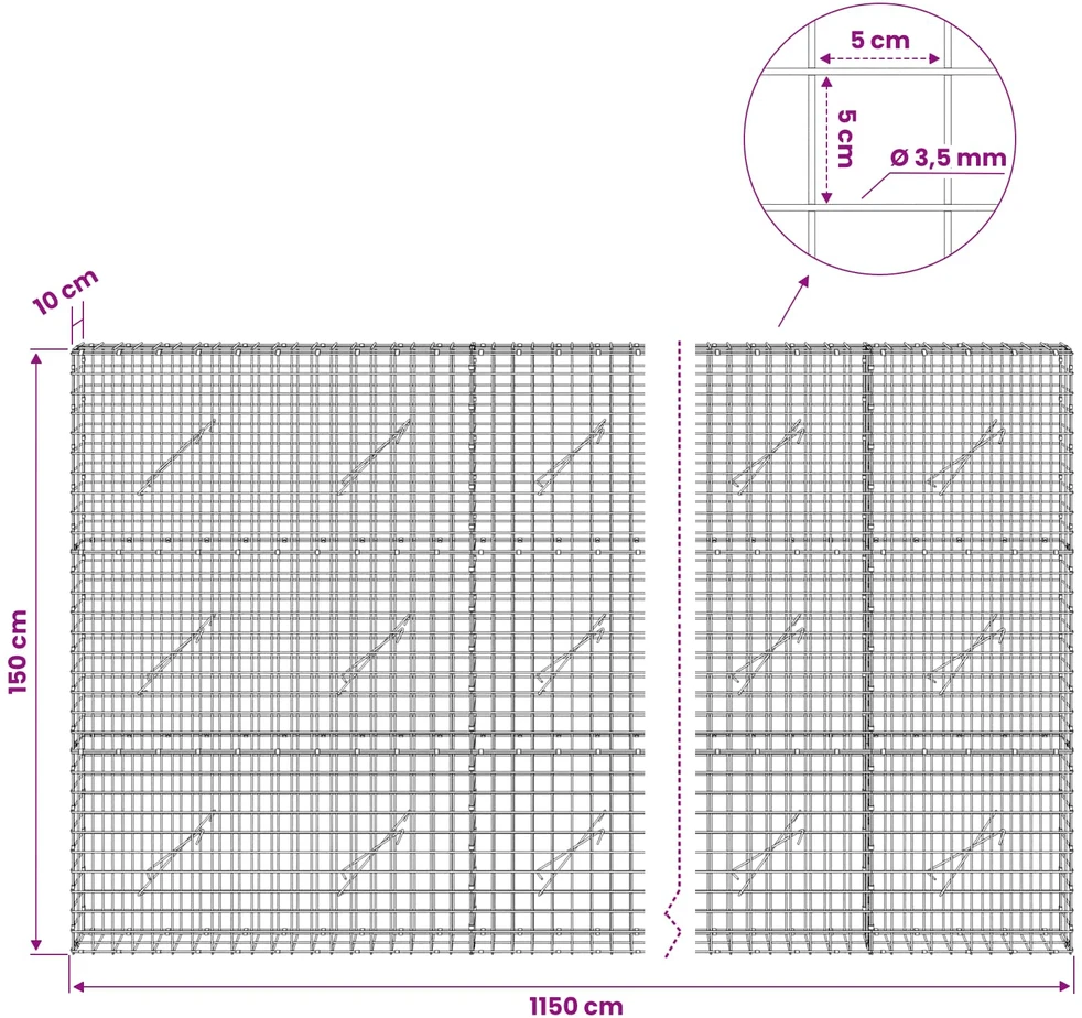 Gabionas su 3,5 mm laidu ir 5x5 cm tinkleliu 1150x10x150 cm
