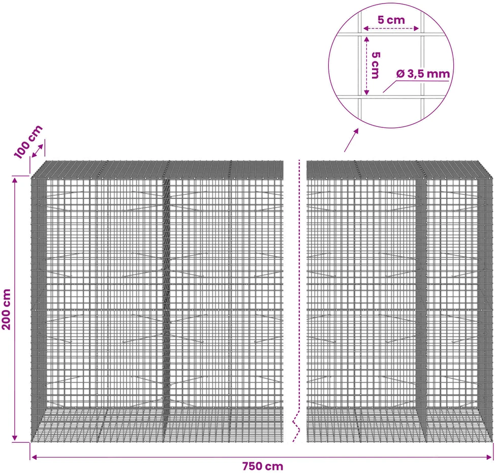 Gabionas su 3,5 mm laidu ir 5x5 cm tinkleliu 750x100x200 cm