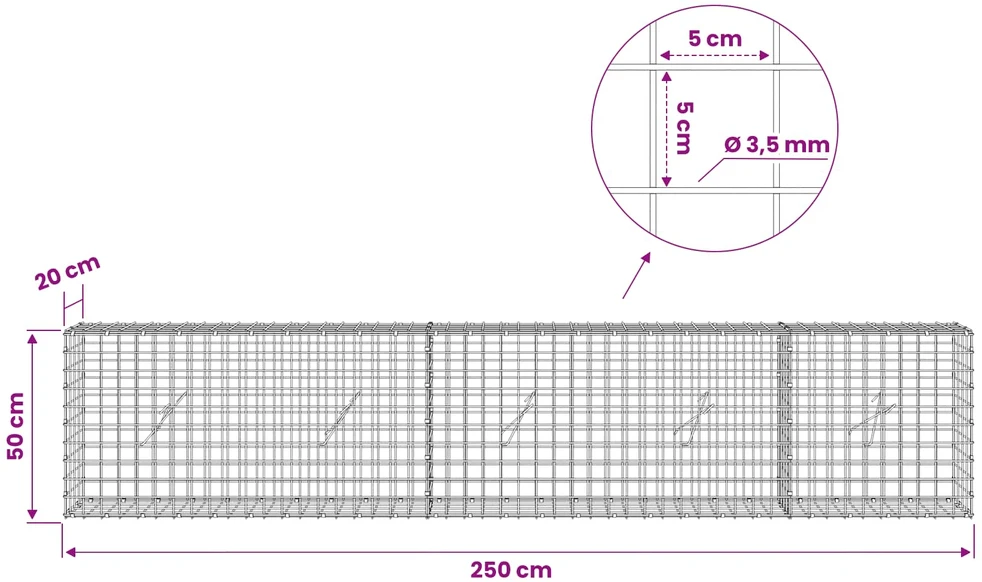 Gabionas su 3,5 mm laidu ir 5x5 cm tinkleliu 250x20x50 cm