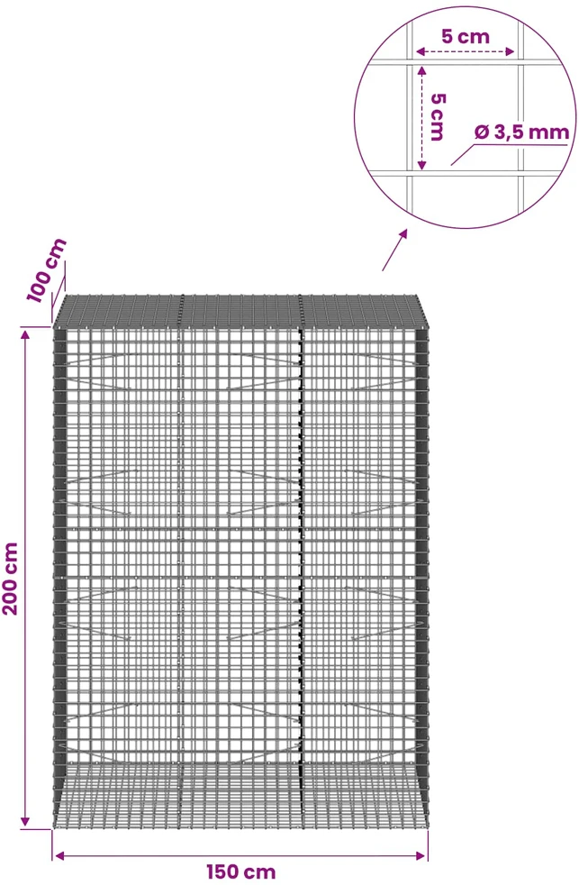Gabionas su 3,5 mm laidu ir 5x5 cm tinkleliu 150x100x200 cm