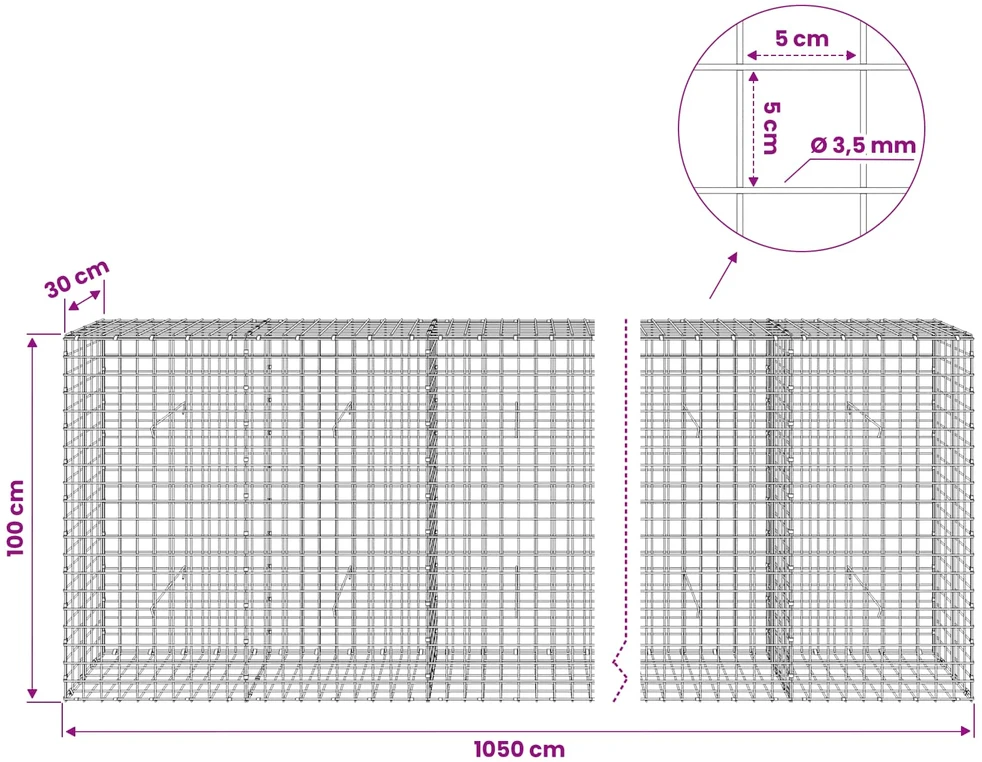 Gabionas su 3,5 mm laidu ir 5x5 cm tinkleliu 1050x30x100 cm