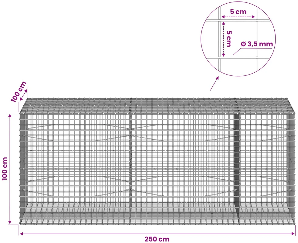 Gabionas su 3,5 mm laidu ir 5x5 cm tinkleliu 250x100x100 cm