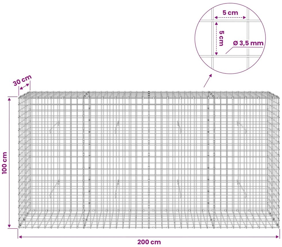Gabionas su 3,5 mm laidu ir 5x5 cm tinkleliu 200x30x100 cm