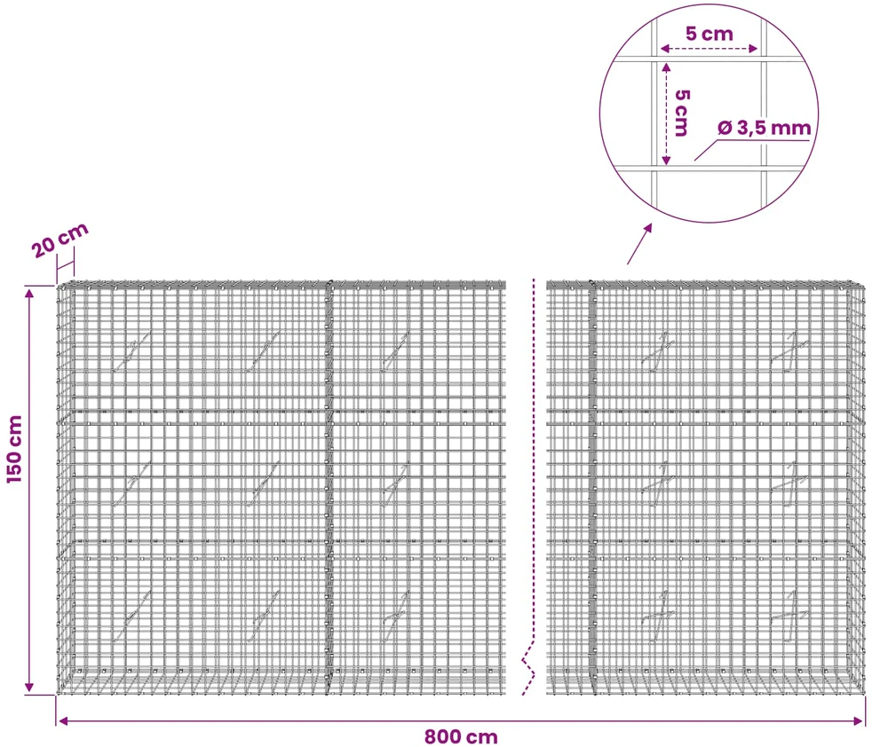 Gabionas su 3,5 mm laidu ir 5x5 cm tinkleliu 800x20x150 cm