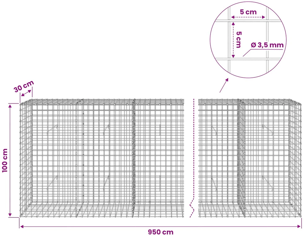 Gabionas su 3,5 mm laidu ir 5x5 cm tinkleliu 950x30x100 cm