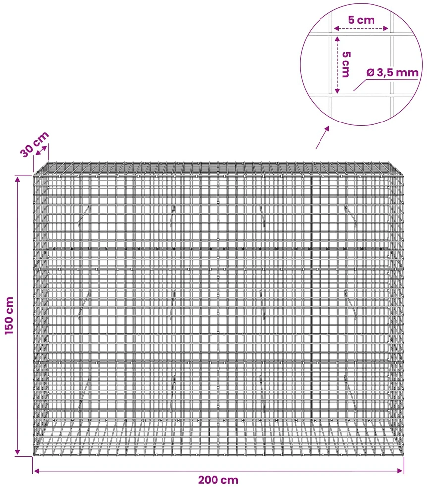 Gabionas su 3,5 mm laidu ir 5x5 cm tinkleliu 200x30x150 cm