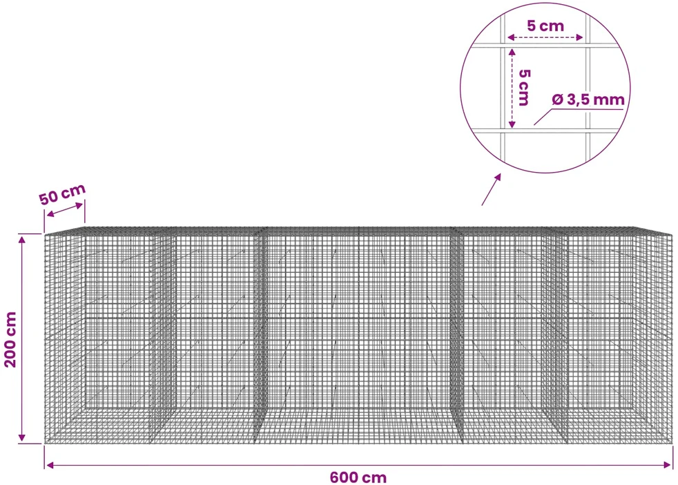 Gabionas su 3,5 mm laidu ir 5x5 cm tinkleliu 600x50x200 cm