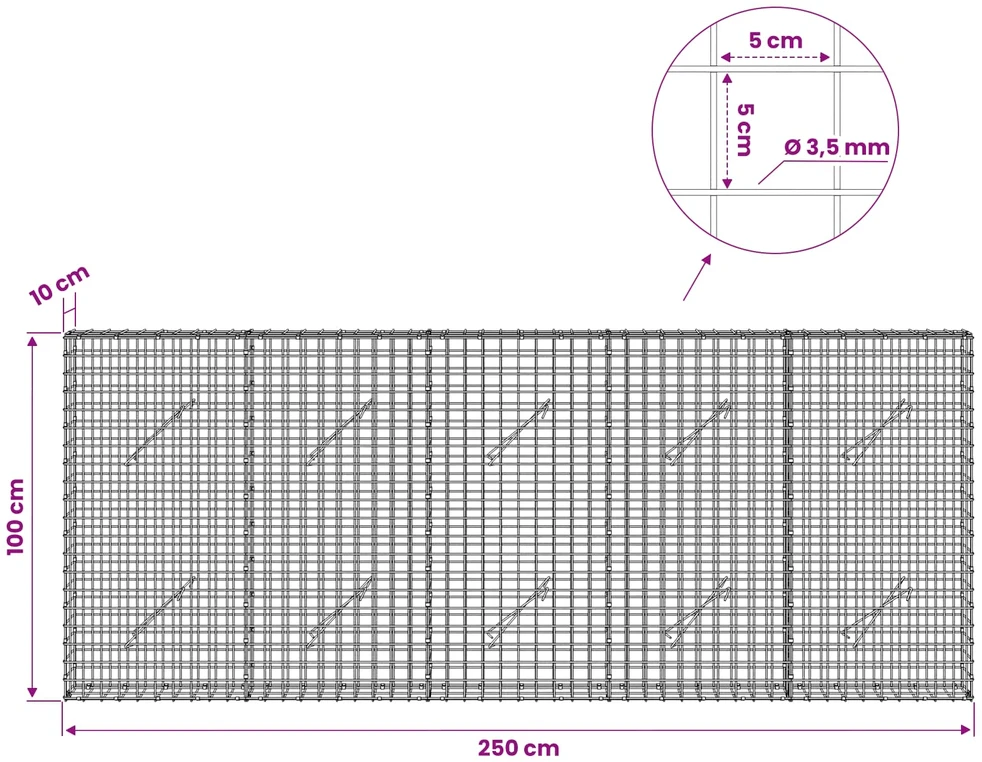 Gabionas su 3,5 mm laidu ir 5x5 cm tinkleliu 250x10x100 cm