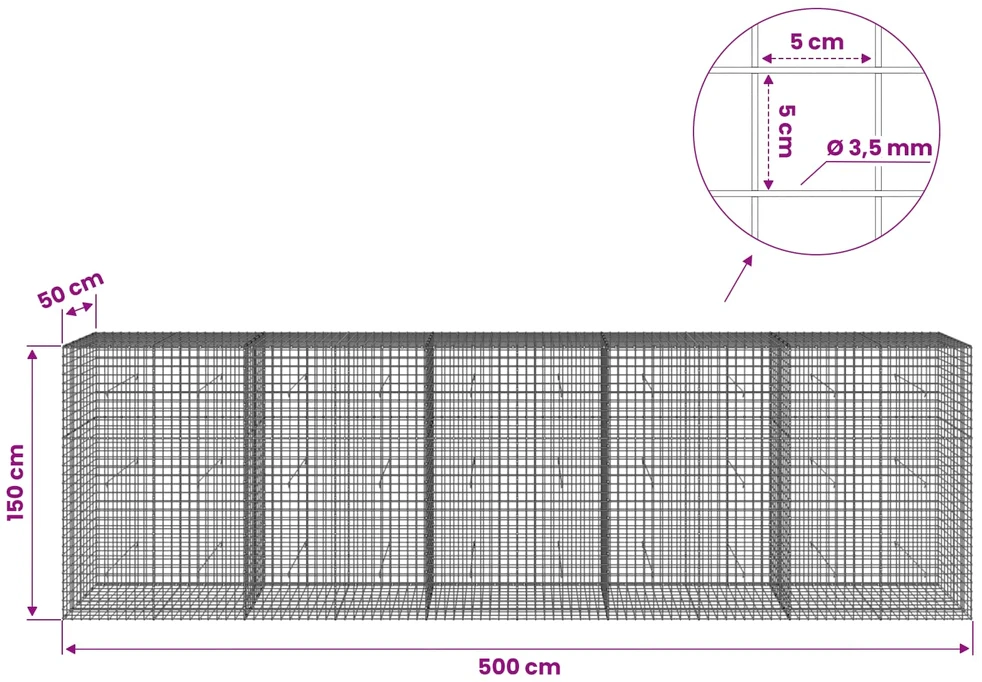 Gabionas su 3,5 mm laidu ir 5x5 cm tinkleliu 500x50x150 cm