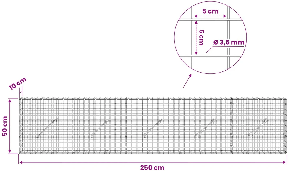 Gabionas su 3,5 mm laidu ir 5x5 cm tinkleliu 250x10x50 cm