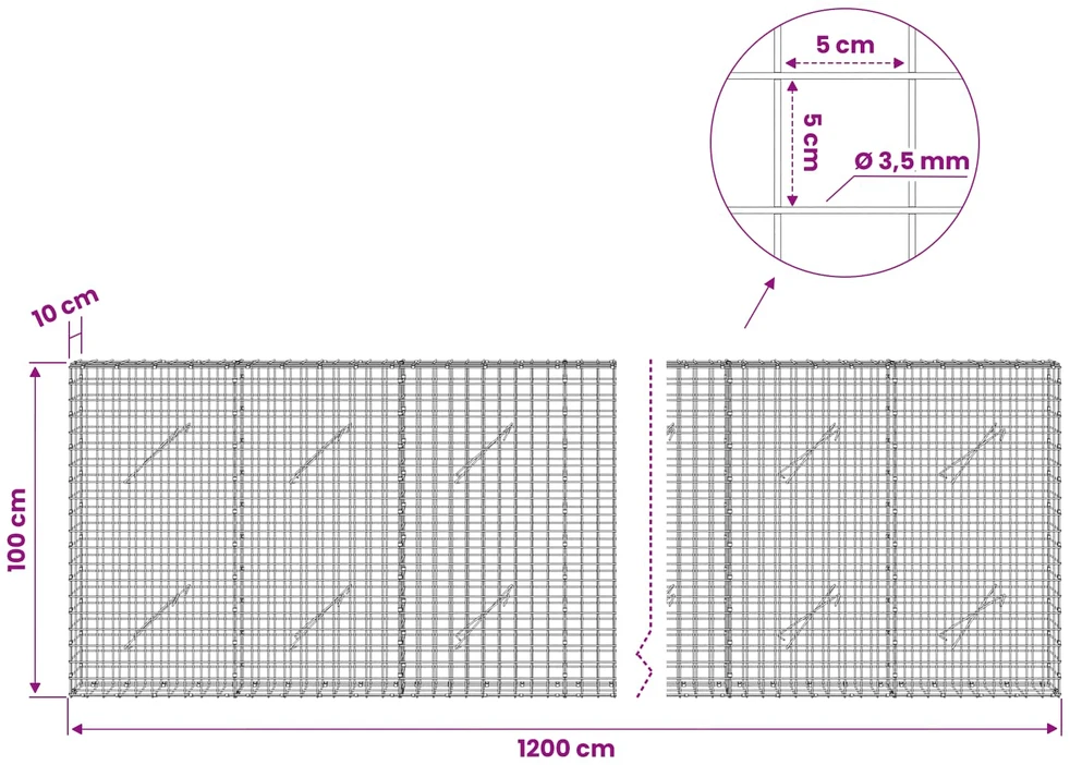 Gabionas su 3,5 mm laidu ir 5x5 cm tinkleliu 1200x10x100 cm