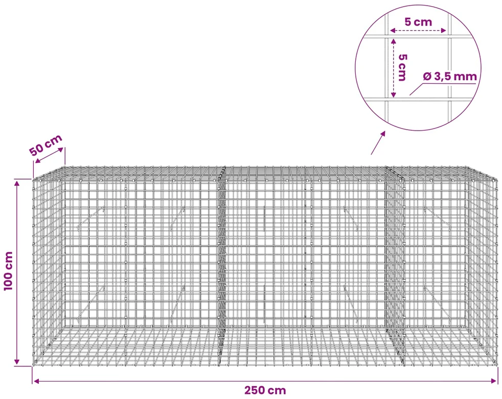 Gabionas su 3,5 mm laidu ir 5x5 cm tinkleliu 250x50x100 cm