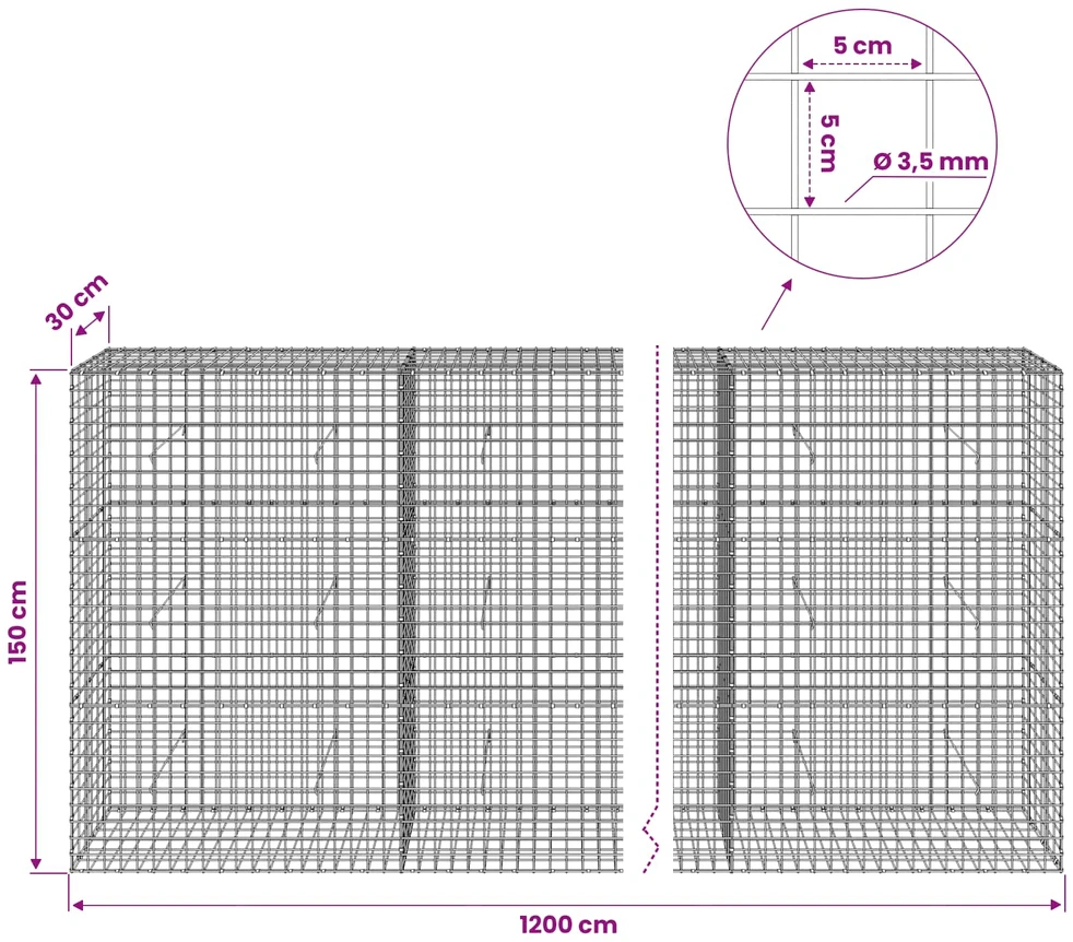 Gabionas su 3,5 mm laidu ir 5x5 cm tinkleliu 1200x30x150 cm
