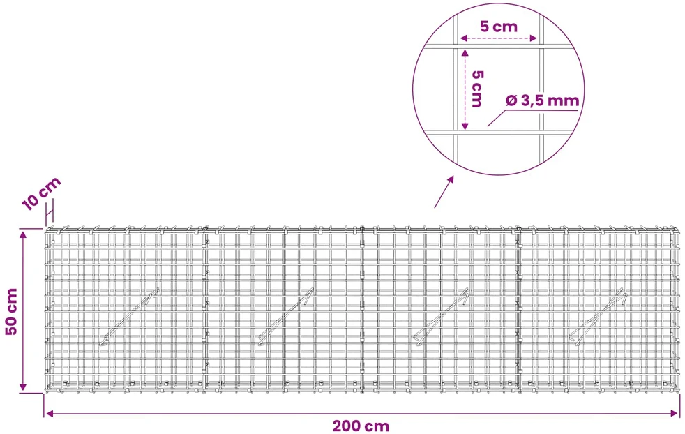 Gabionas su 3,5 mm laidu ir 5x5 cm tinkleliu 200x10x50 cm