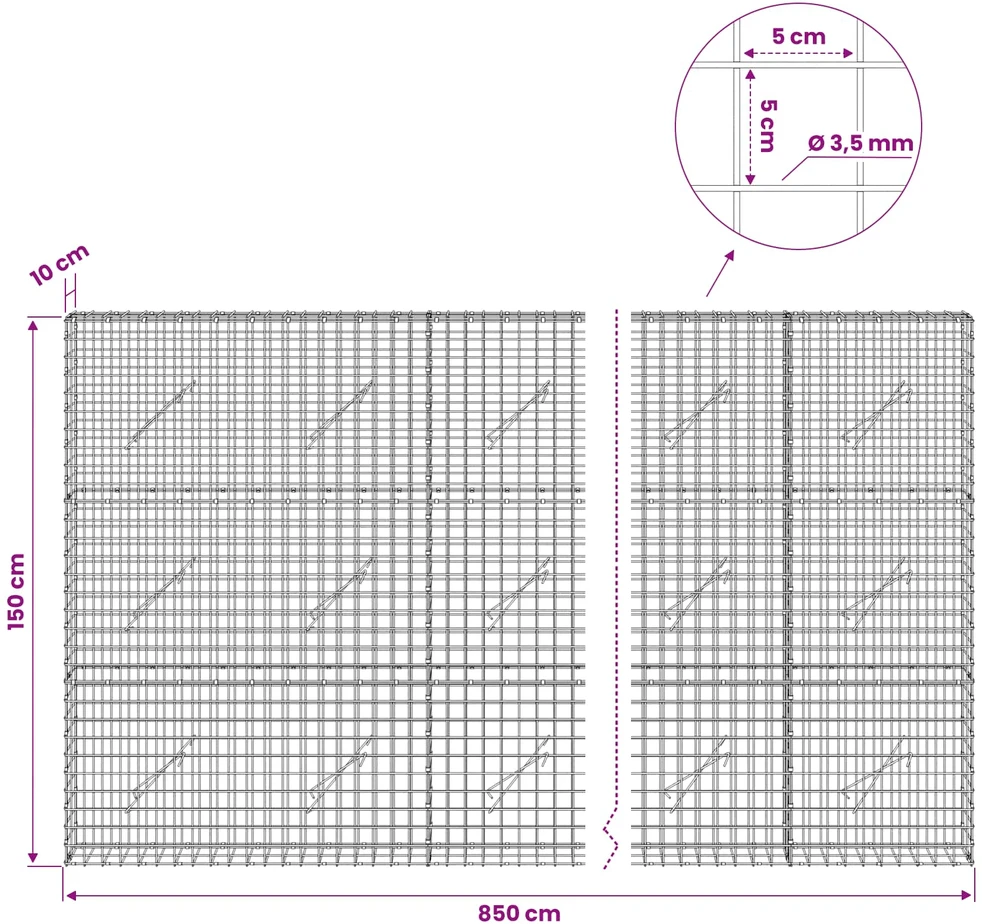 Gabionas su 3,5 mm laidu ir 5x5 cm tinkleliu 850x10x150 cm