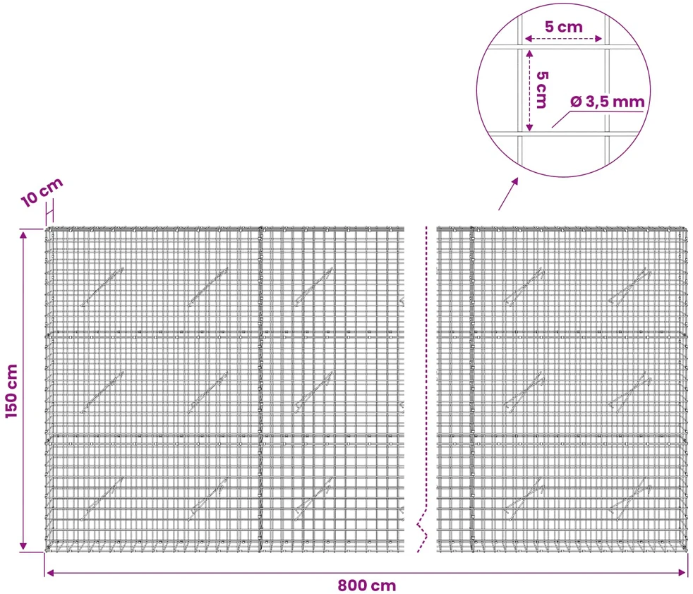 Gabionas su 3,5 mm laidu ir 5x5 cm tinkleliu 800x10x150 cm