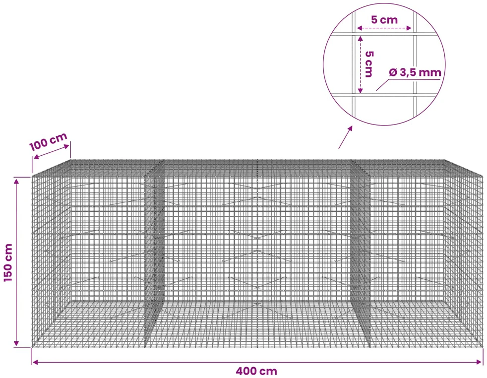 Gabionas su 3,5 mm laidu ir 5x5 cm tinkleliu 400x100x150 cm