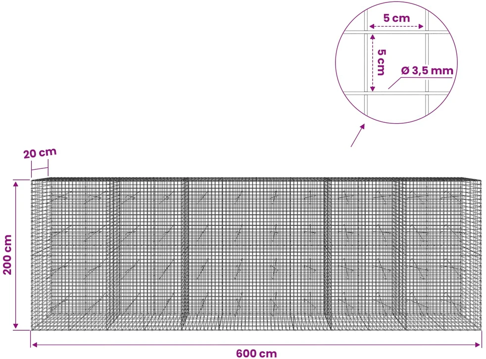 Gabionas su 3,5 mm laidu ir 5x5 cm tinkleliu 600x20x200 cm