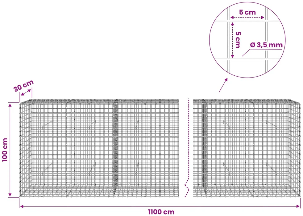 Gabionas su 3,5 mm laidu ir 5x5 cm tinkleliu 1100x30x100 cm