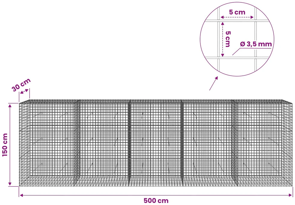Gabionas su 3,5 mm laidu ir 5x5 cm tinkleliu 500x30x150 cm