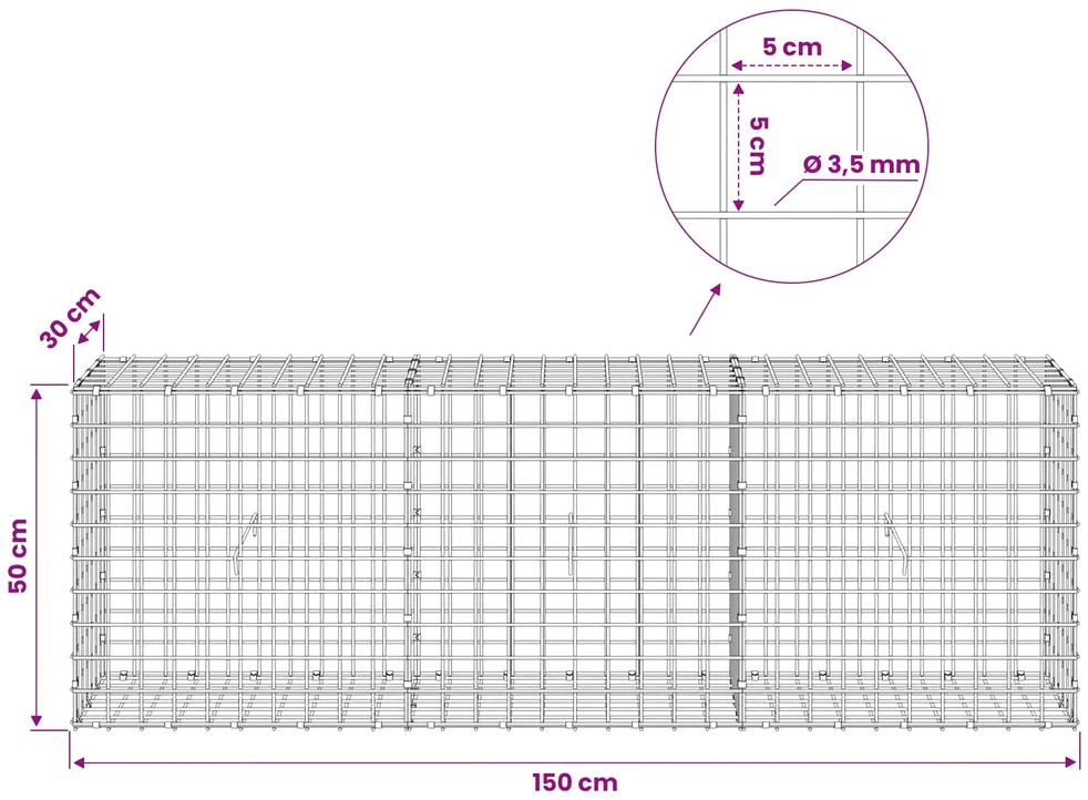 Gabionas su 3,5 mm laidu ir 5x5 cm tinkleliu 150x30x50 cm
