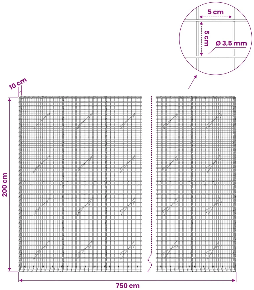 Gabionas su 3,5 mm laidu ir 5x5 cm tinkleliu 750x10x200 cm