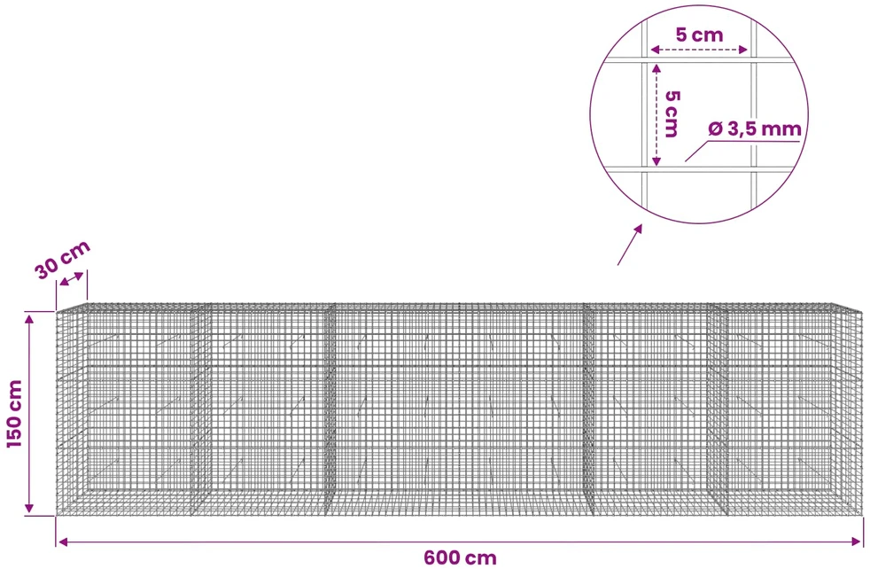 Gabionas su 3,5 mm laidu ir 5x5 cm tinkleliu 600x30x150 cm