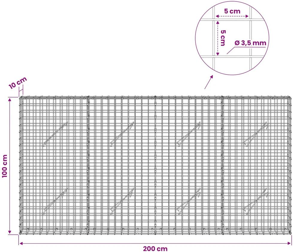 Gabionas su 3,5 mm laidu ir 5x5 cm tinkleliu 200x10x100 cm