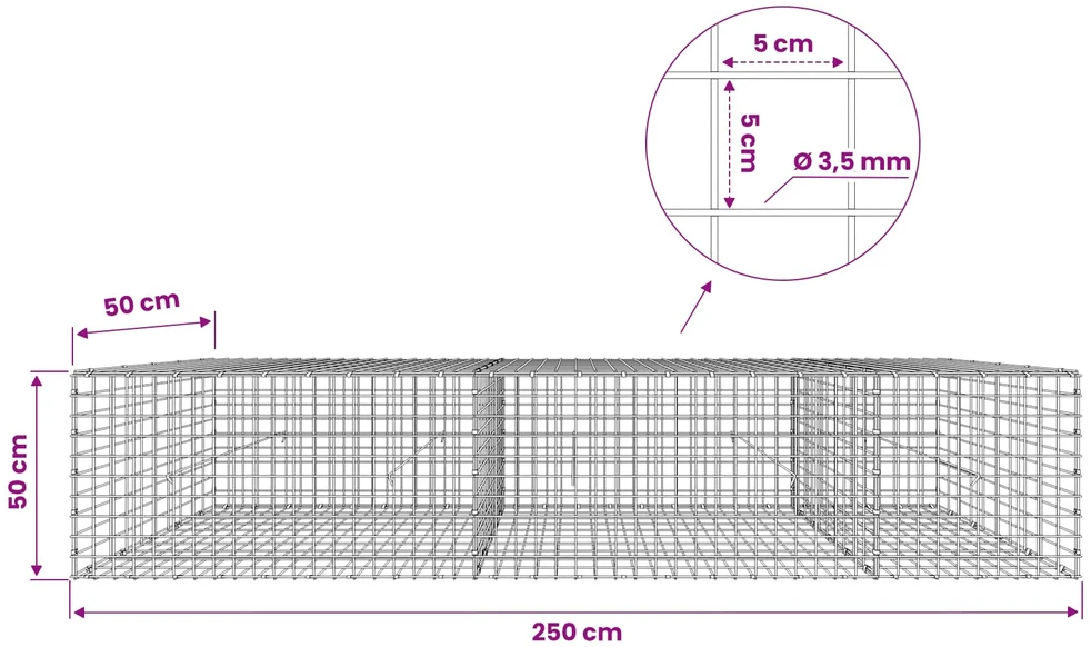 Gabionas su 3,5 mm laidu ir 5x5 cm tinkleliu 250x50x50 cm