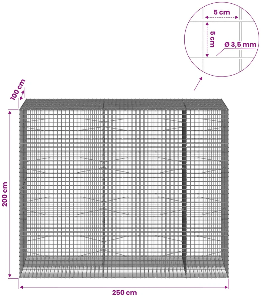 Gabionas su 3,5 mm laidu ir 5x5 cm tinkleliu 250x100x200 cm