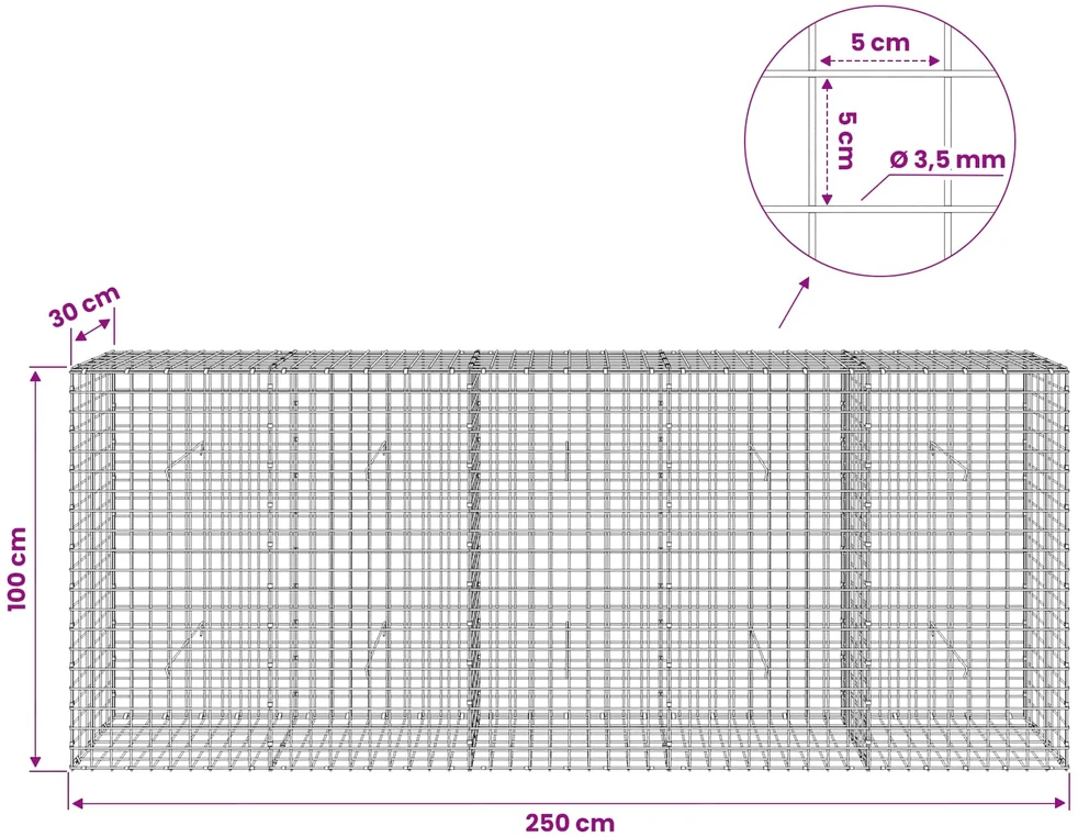 Gabionas su 3,5 mm laidu ir 5x5 cm tinkleliu 250x30x100 cm