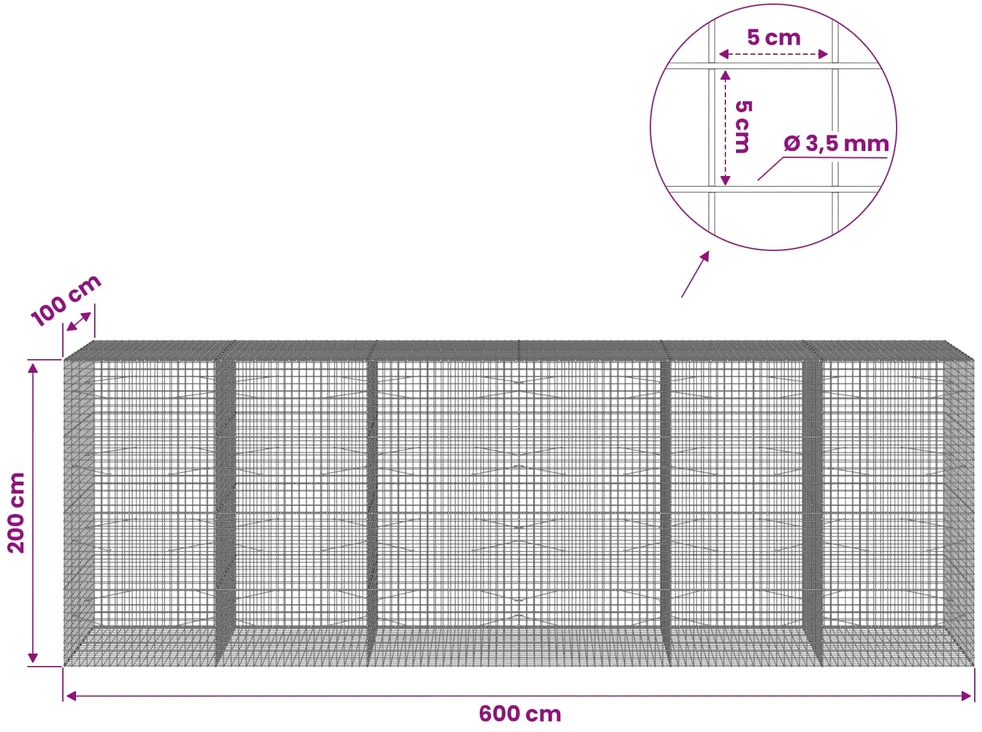 Gabionas su 3,5 mm laidu ir 5x5 cm tinkleliu 600x100x200 cm