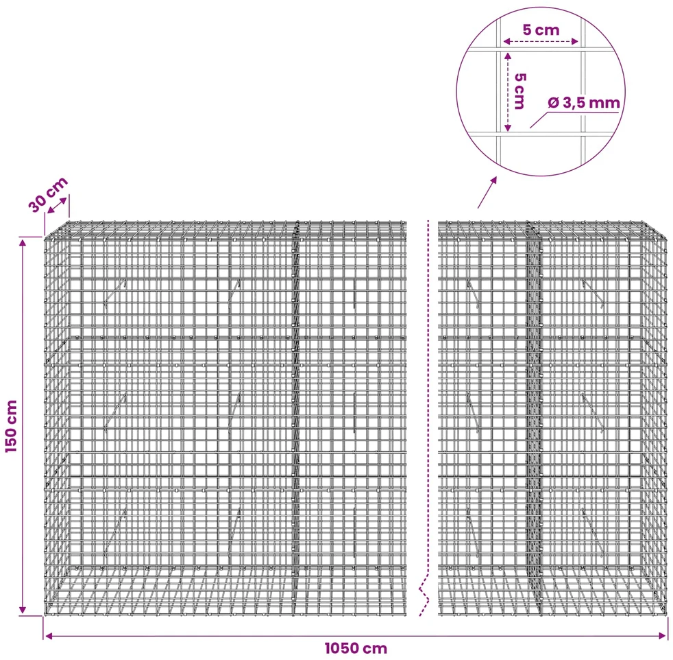 Gabionas su 3,5 mm laidu ir 5x5 cm tinkleliu 1050x30x150 cm