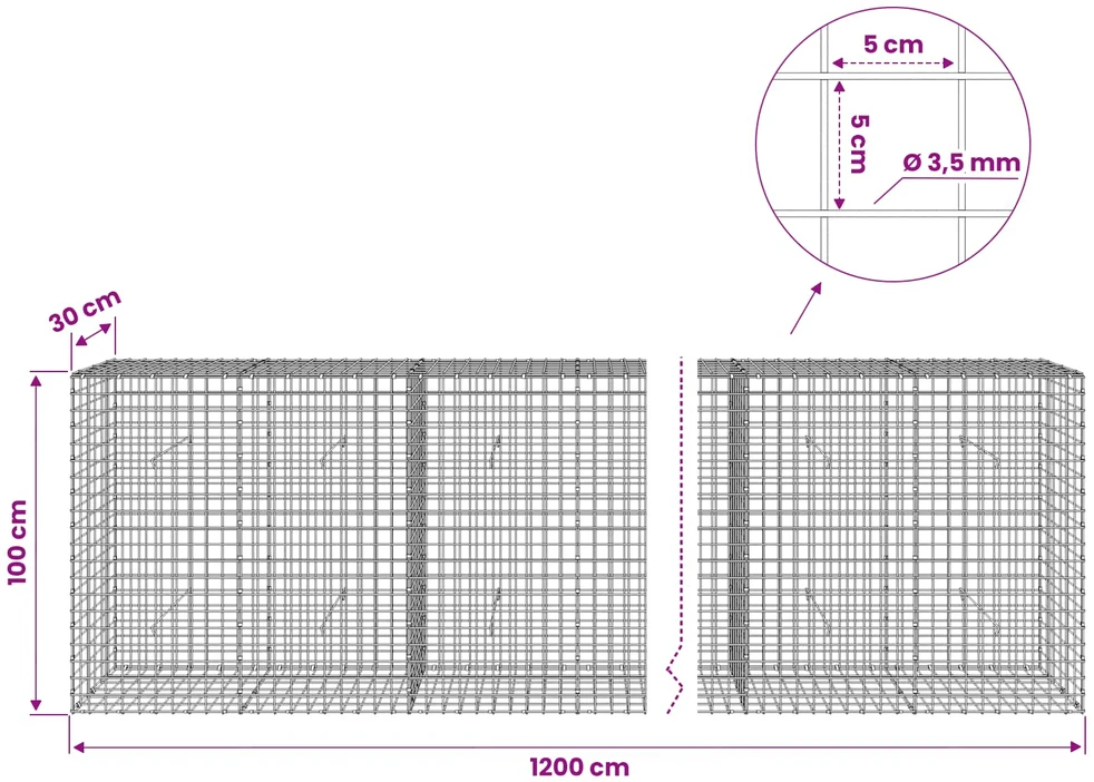Gabionas su 3,5 mm laidu ir 5x5 cm tinkleliu 1200x30x100 cm