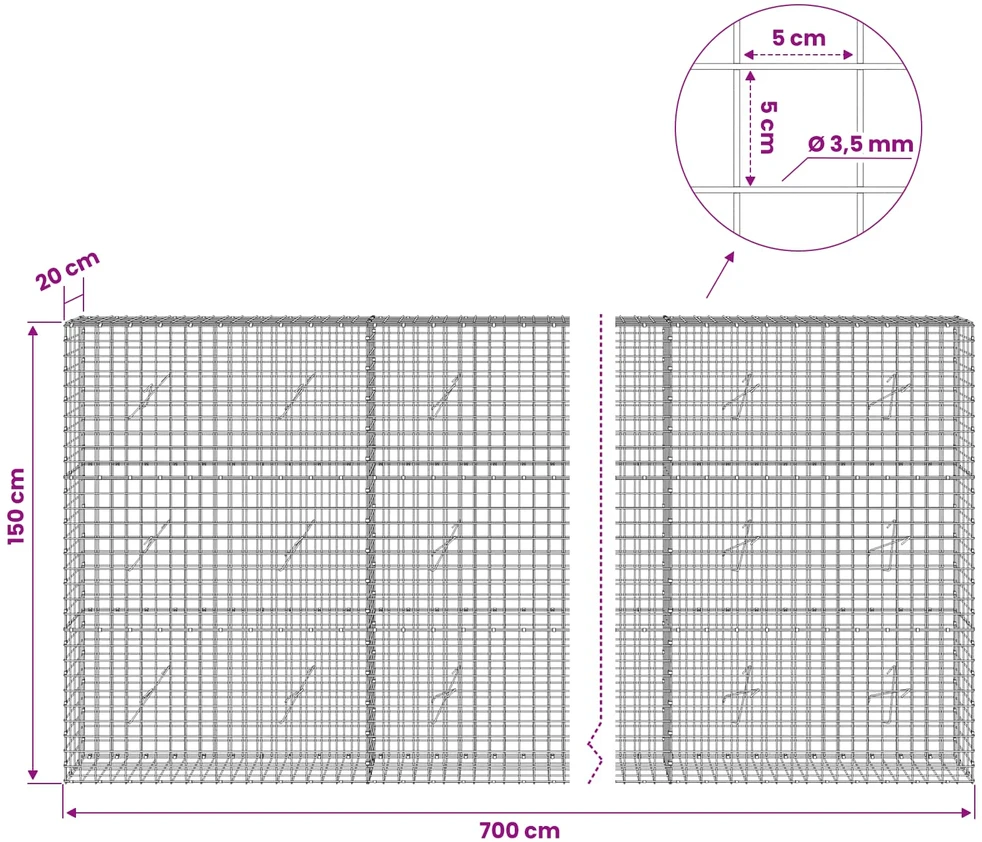 Gabionas su 3,5 mm laidu ir 5x5 cm tinkleliu 700x20x150 cm