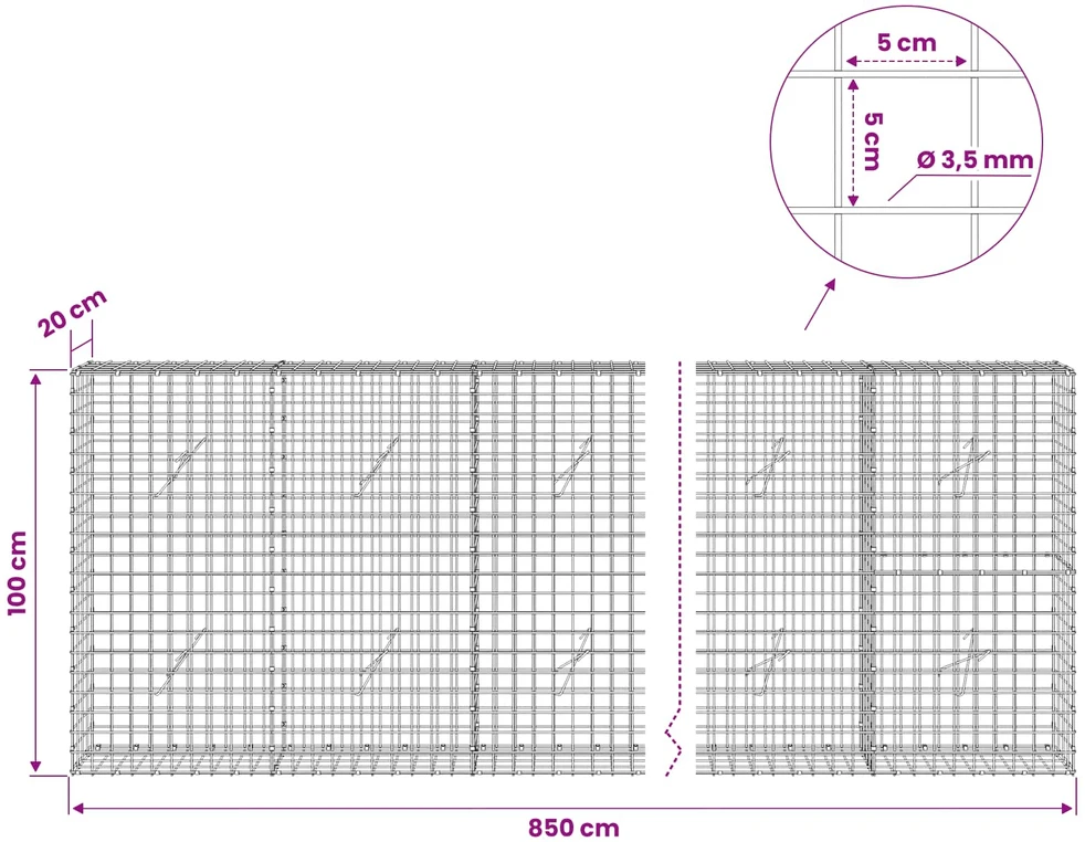 Gabionas su 3,5 mm laidu ir 5x5 cm tinkleliu 850x20x100 cm
