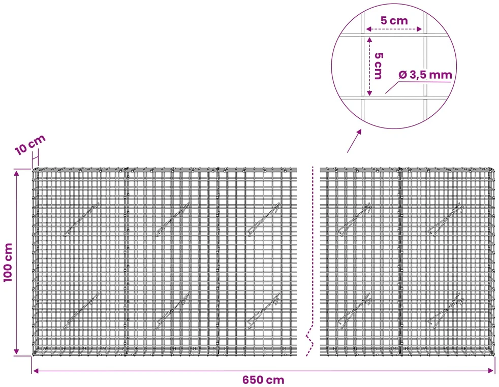 Gabionas su 3,5 mm laidu ir 5x5 cm tinkleliu 650x10x100 cm